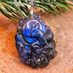 Beautiful Nature Labradorite Nine Tails Fox Cherry Blossom Pendant Necklace